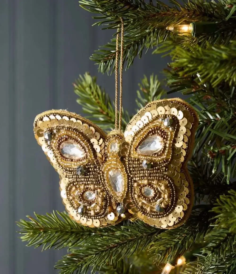 West Elm Beaded Butterfly Christmas Ornament Gold Sequin Rhinestone NEW